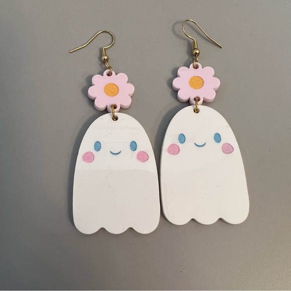 Ghost Flower Floral Earrings Cute Spooky Halloween - Picture 2 of 4